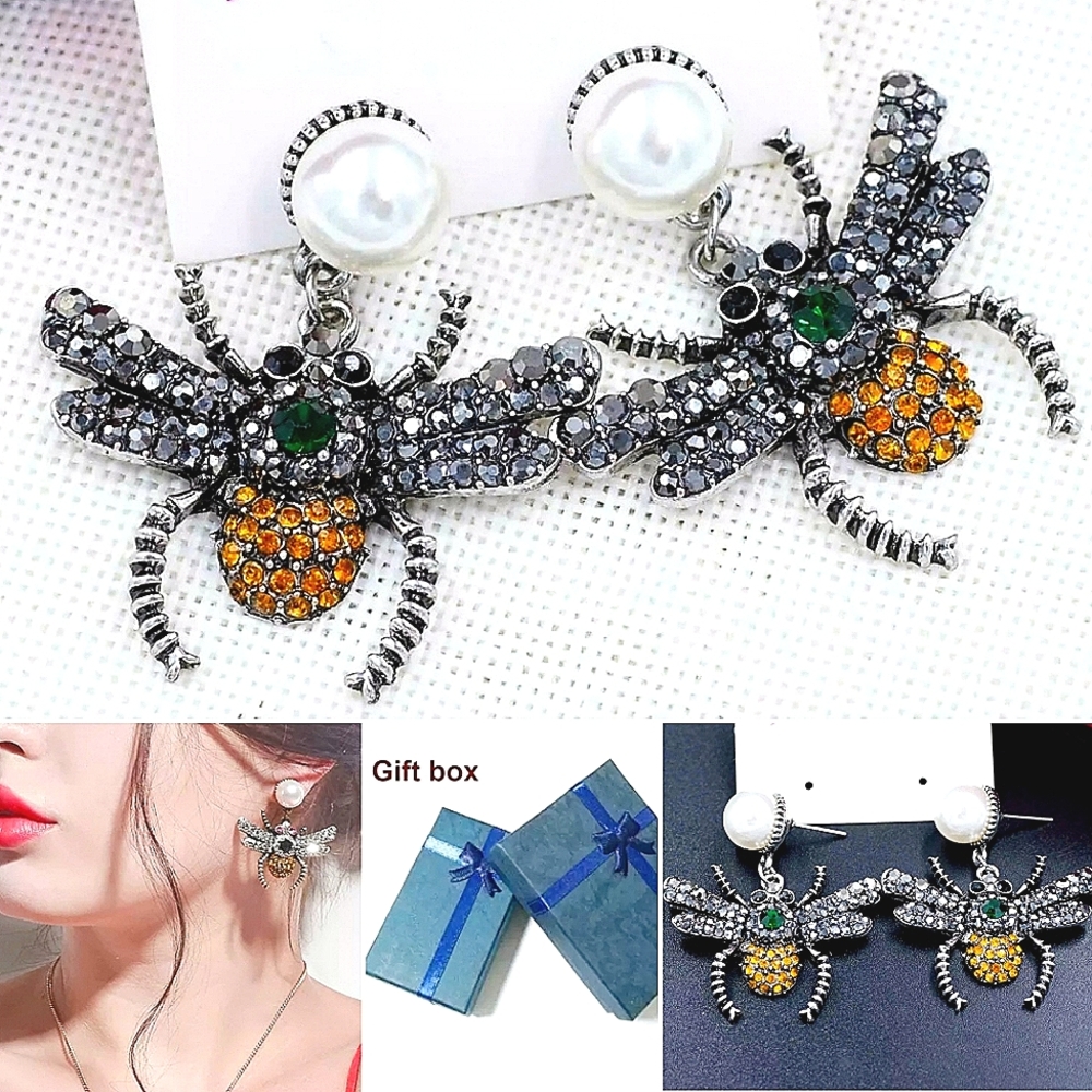 Silver plated Orange black green crystal pearl bumblebee earrings